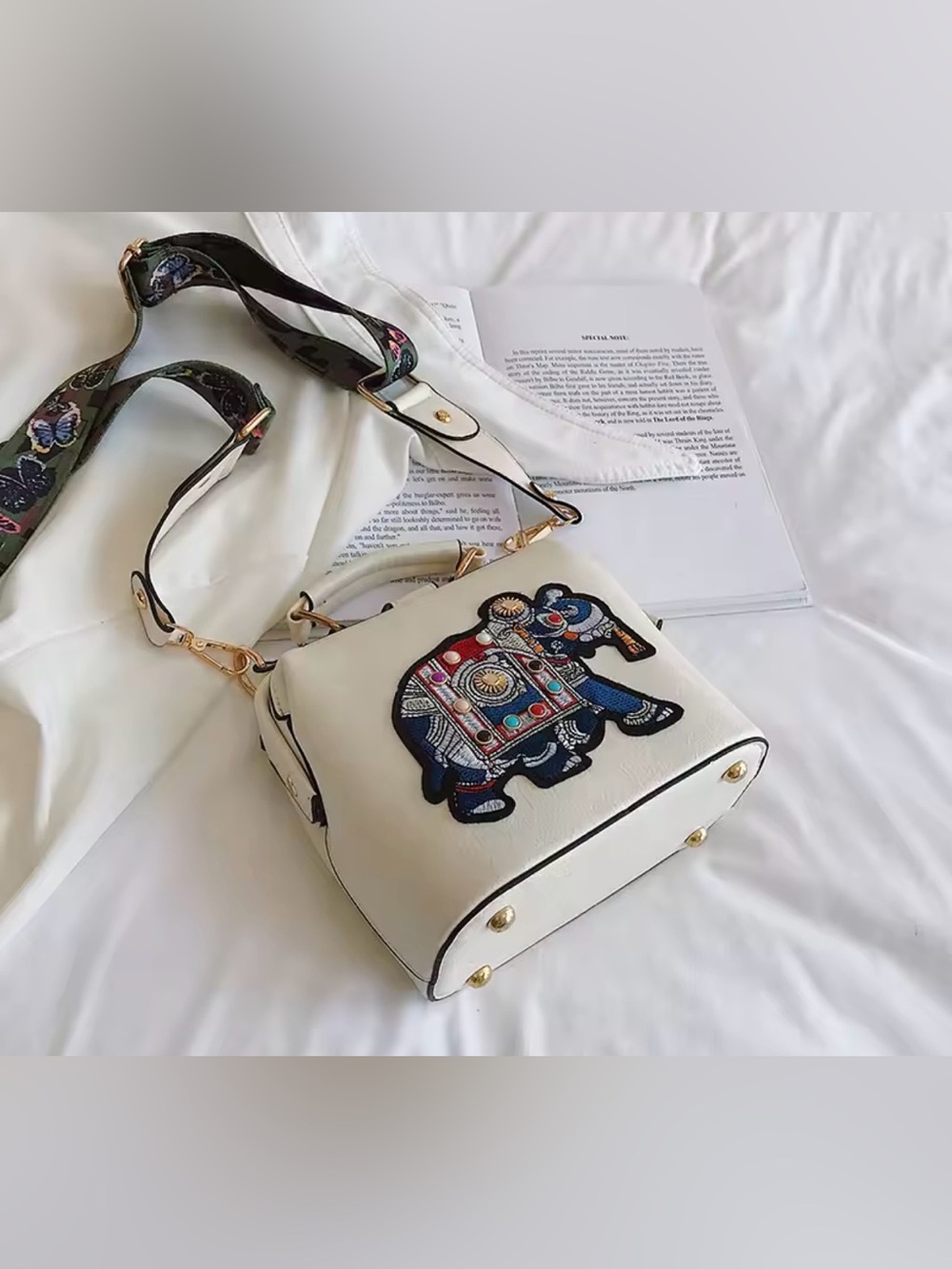 Vintage White Crossbody Bag with Colorful Elephant Embroidery